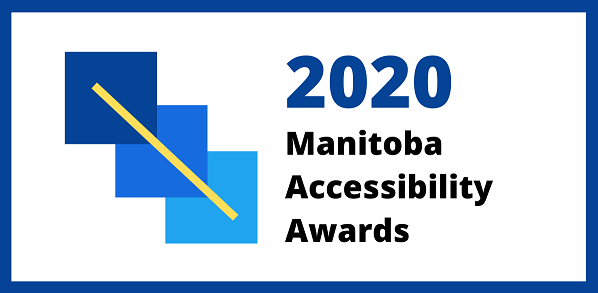 Manitoba Accessibility Awards logo featuring three blue overlapping squares that resemble stairs, with a yellow line sloping down the boxes