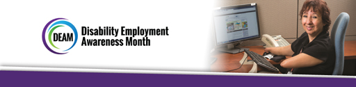Image of text that states "Disability Employment Awareness Month" with a photo of a smiling woman using a phone.