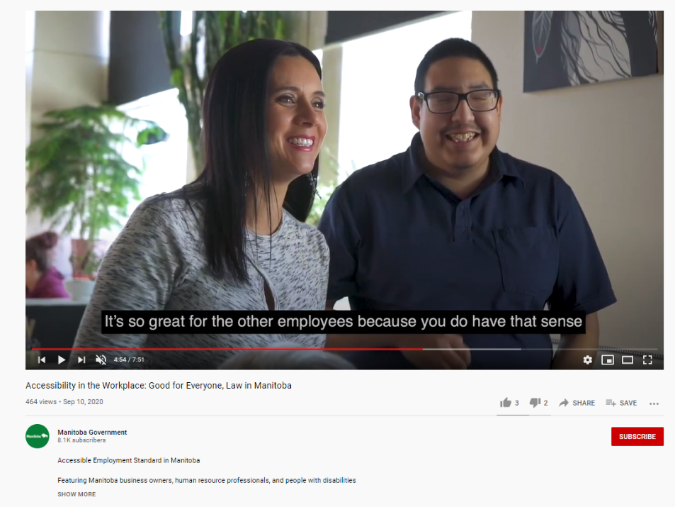 Youtube video titled Accessibility in the Workplace: Good for Everyone, Law in Manitoba