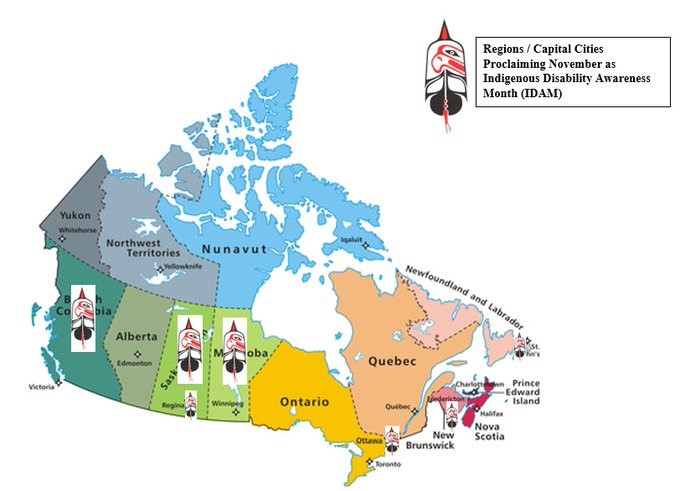 Map of Canada showing Manitoba, Saskatchewan, and British Columbia as provinces that proclaim November as Indigenous Disability Awarness Month