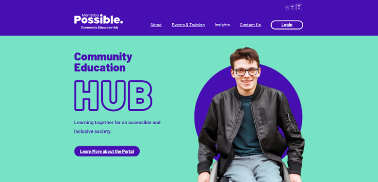 A teal background with purple lettering that reads Community Education Hub Learning together for an accessible and inclusive society. A young male wheelchair user in a leather jacket is posed in front of a purple circle.