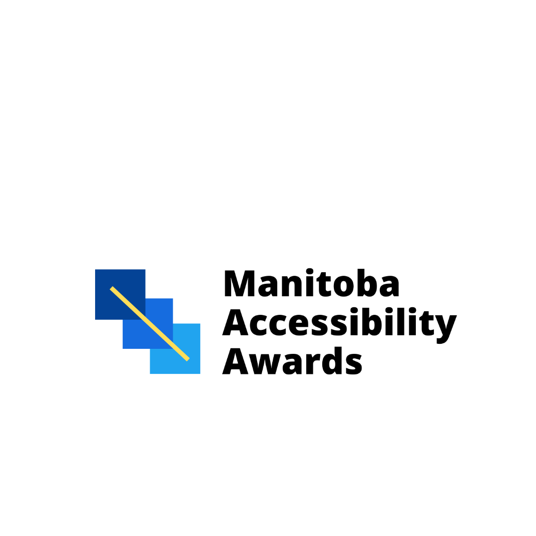 Manitoba Accessibility Awards logo featuring three blue overlapping squares that resemble stairs, with a yellow line sloping down the boxes