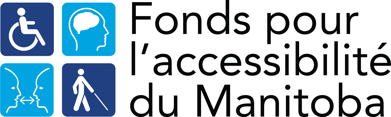 Logo du Fonds pour l'accessibilité du Manitoba - comprend un graphique d'une personne en fauteuil roulant, la tête et le cerveau d'une personne, deux personnes qui parlent et une personne aveugle qui marche.