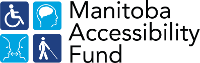 Manitoba Accessibility Fund Logo - includes a graphic of a person in a wheelchair, a person's head & brain, two people talking, and a blind person walking.